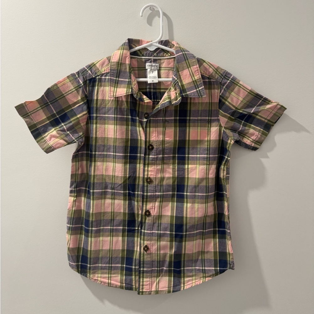 Carter's Boy’s Pink and Green Plaid Short Sleeve Button Down Shirt Size 7